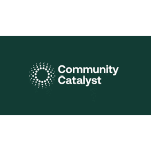 Logo: Green Block with white contrast text and imagery. Small sun giving sunbeams as smaller white dots/circles next to text that reads: "Community Catalyst"